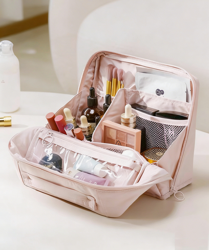 Upright Makeup Bag with Brush Holder– Portable Travel Cosmetic and Toiletry Storage,  Large Capacity