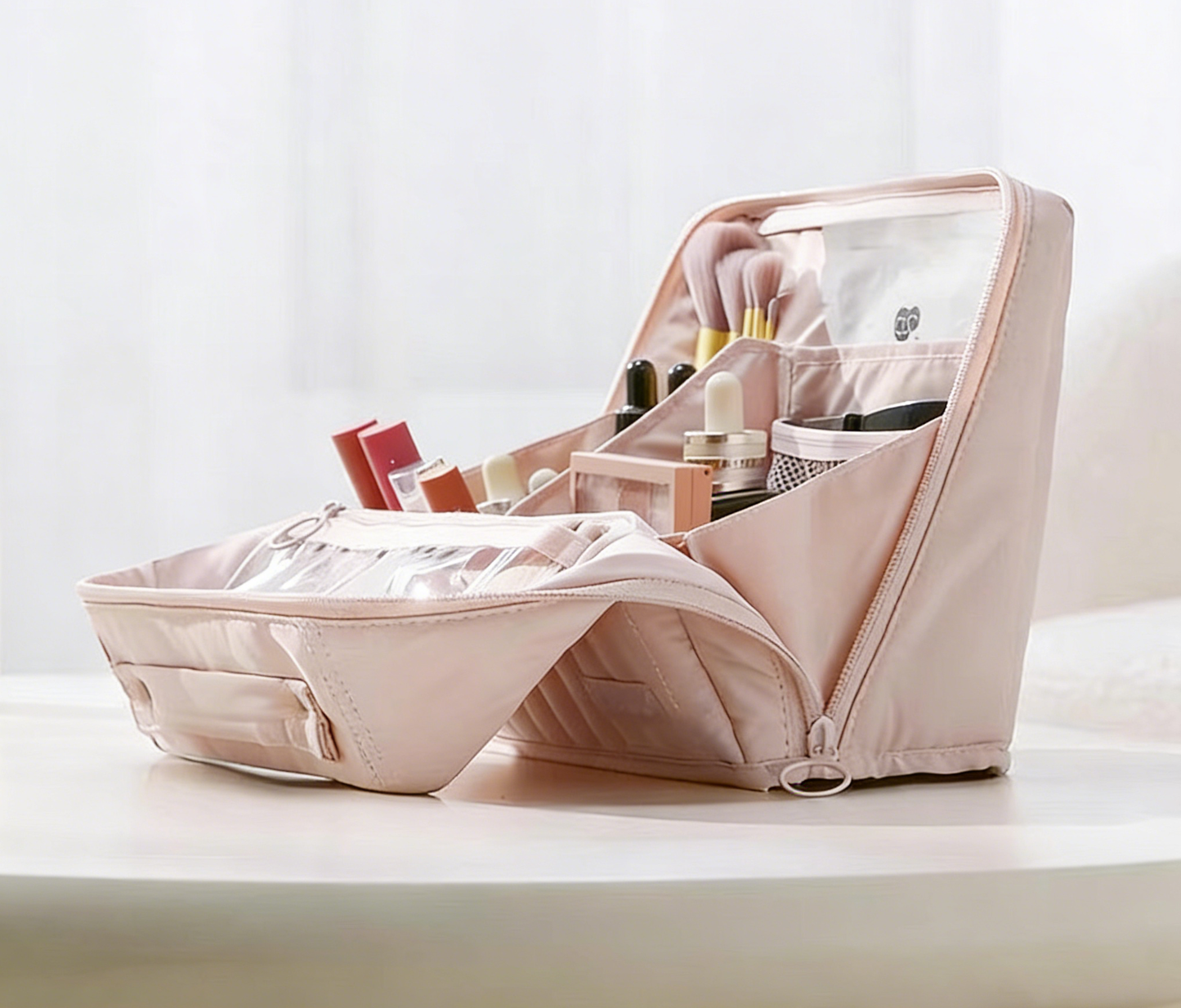 Upright Makeup Bag with Brush Holder– Portable Travel Cosmetic and Toiletry Storage,  Large Capacity
